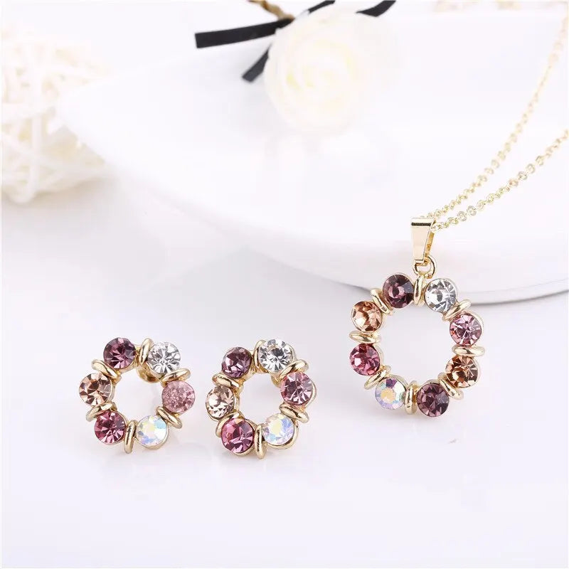 3pcs Gold Necklace Earrings Set Ladies Celebrity Simple Fashion Style Exquisite Stained Glass Diamond Circle Shape Jewelry Vera Lux