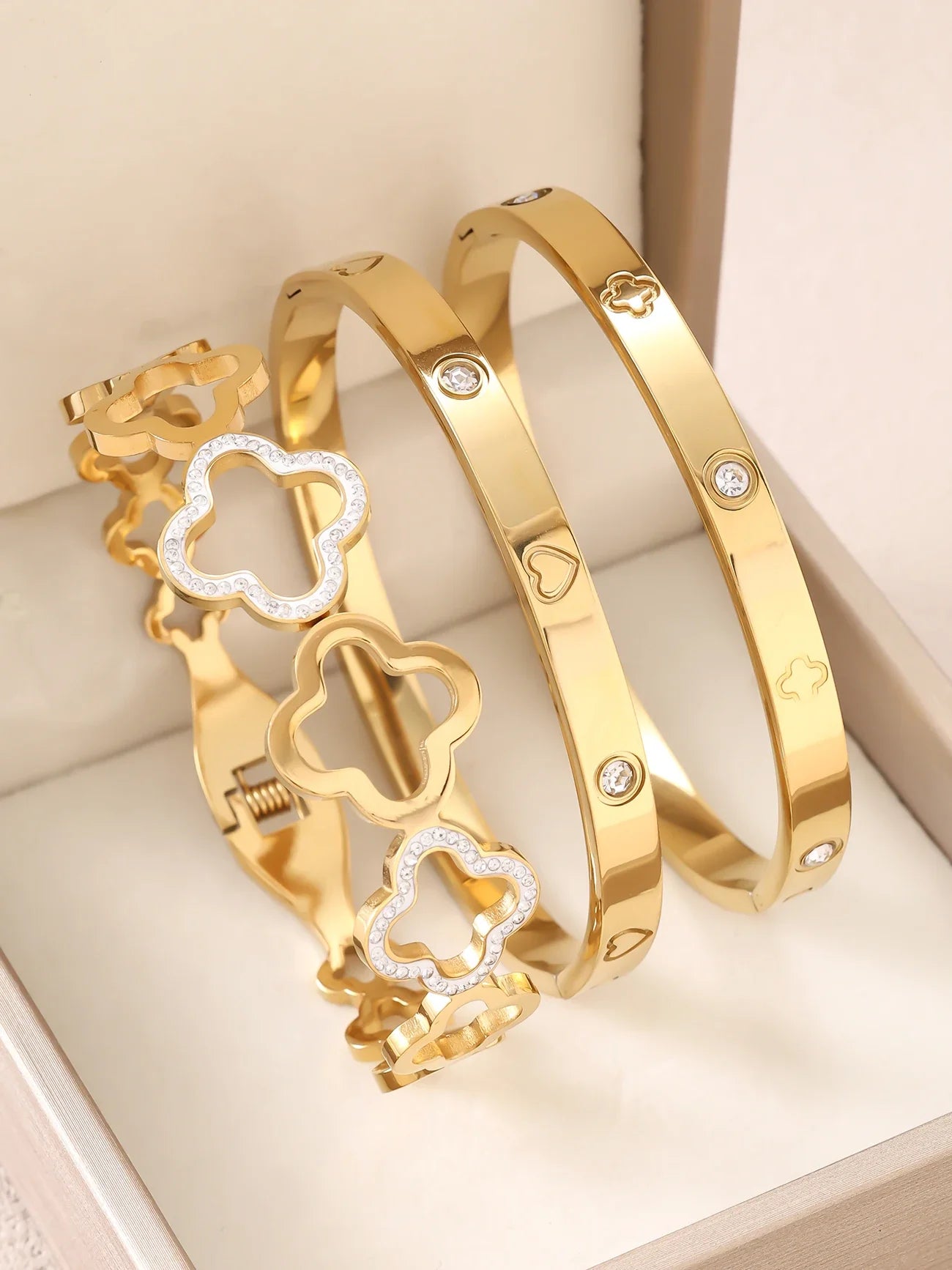 1pc 18K Gold Plated Stainless Steel Stackable Bracelet With Chain And Clover Design, Fashion Style For Women, Suitable For Casua Vera Lux