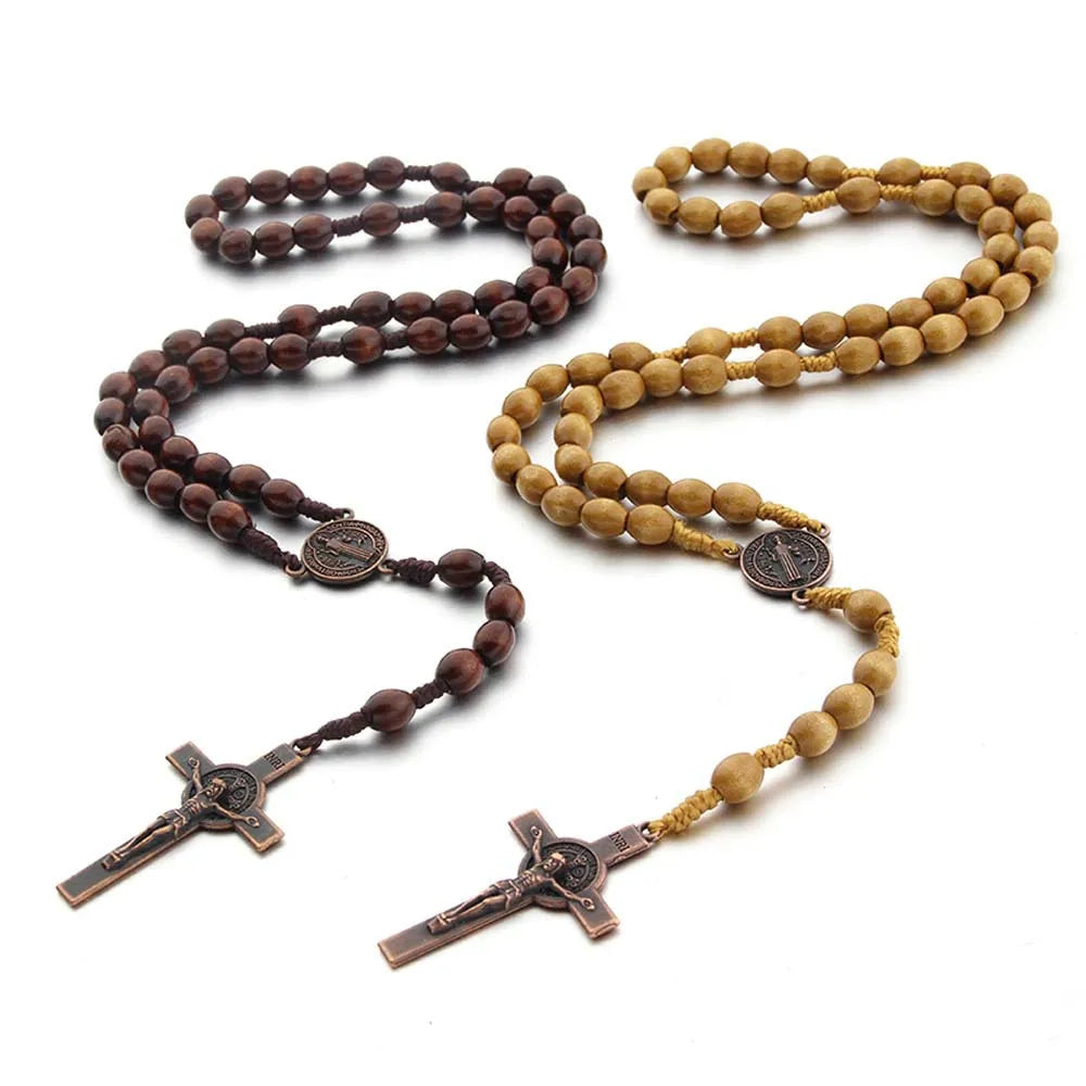Handmade Wood Beads Rosary Necklace For Women Men Crucifix Cross Pendant Long braided Rope Chain Religious Prayer Jewelry Vera Lux