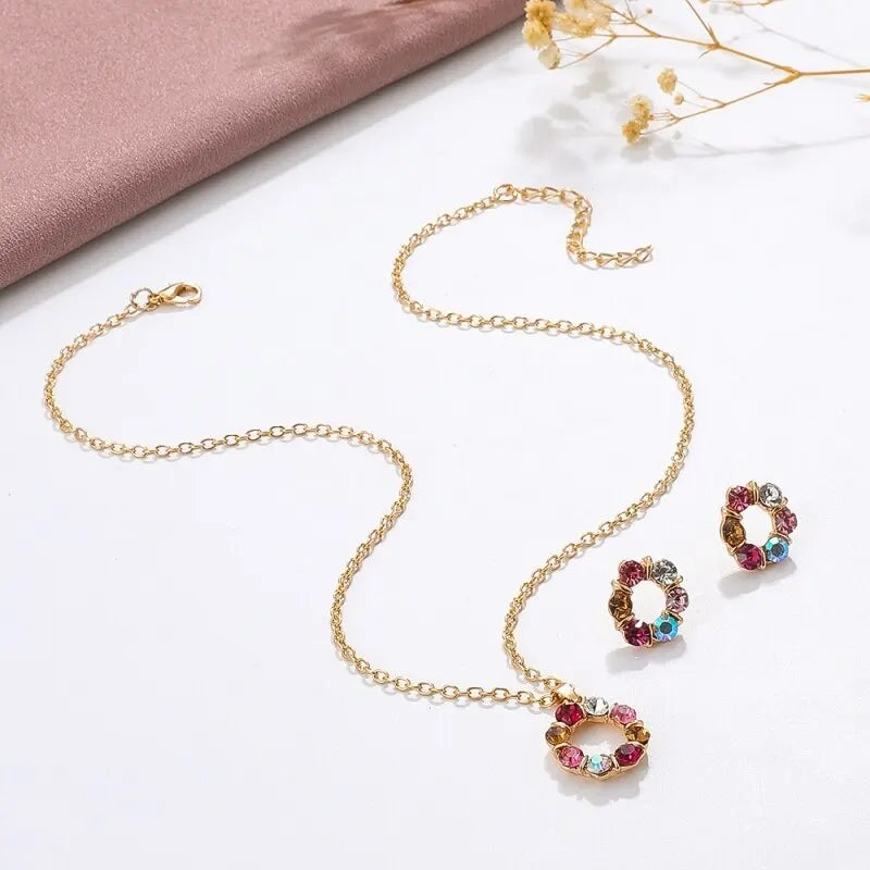 3pcs Gold Necklace Earrings Set Ladies Celebrity Simple Fashion Style Exquisite Stained Glass Diamond Circle Shape Jewelry Vera Lux