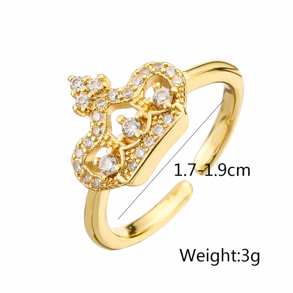 NEWBUY 2025 Trendy Gold Color Crown Charm Finger Rings Open Design Adjustable Shiny CZ Zircon Wedding Jewelry Female Vera Lux