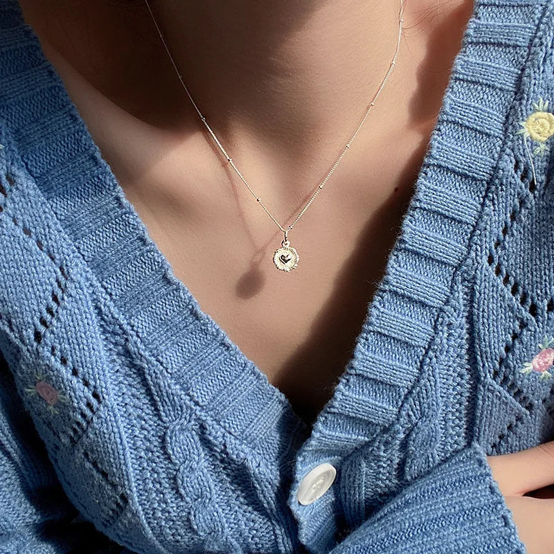VENTFILLE 925 Sterling Love Heart Texture Bead Necklace for Women Girl Stereoscopic Design Double Sided Jewelry Gift Wholesale Vera Lux