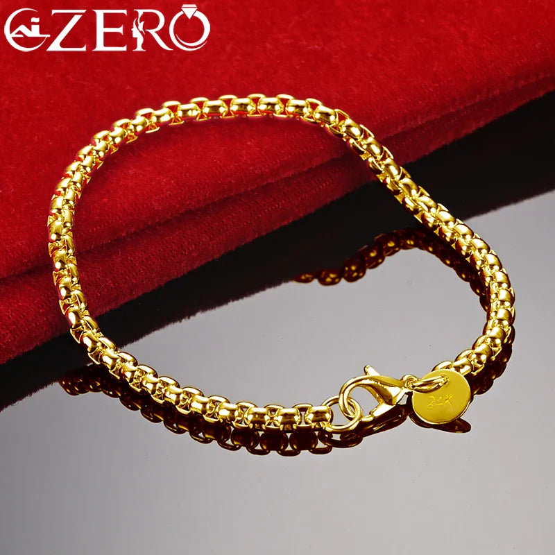 ALIZERO 18K Gold Bracelets 925 Sterling Silver 4mm Round Box Chain Bracelet For Woman Man Fashion Jewelry Wedding Party Gift Vera Lux