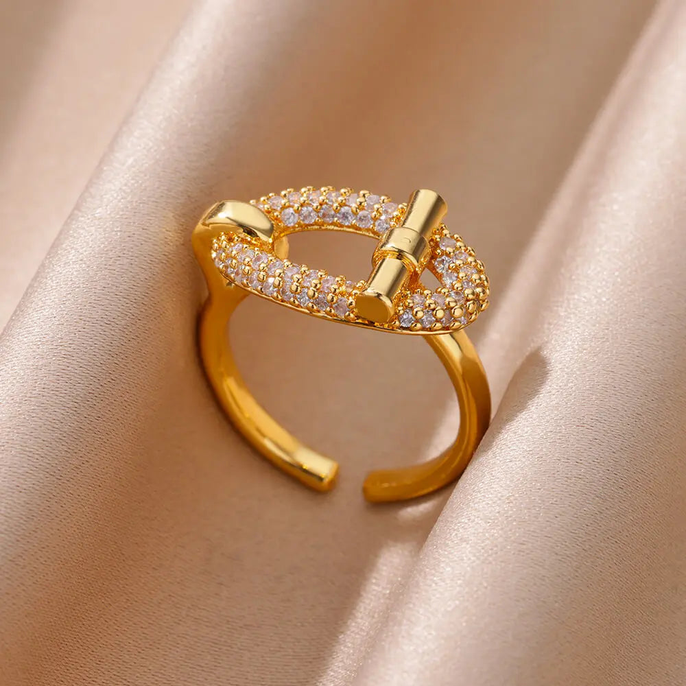 Stainless Steel Oval Hollow Zircon Open Rings For Women Gold Color Trendy Wedding Aesthetic Ring Summer Jewelry Accessories BFF Vera Lux