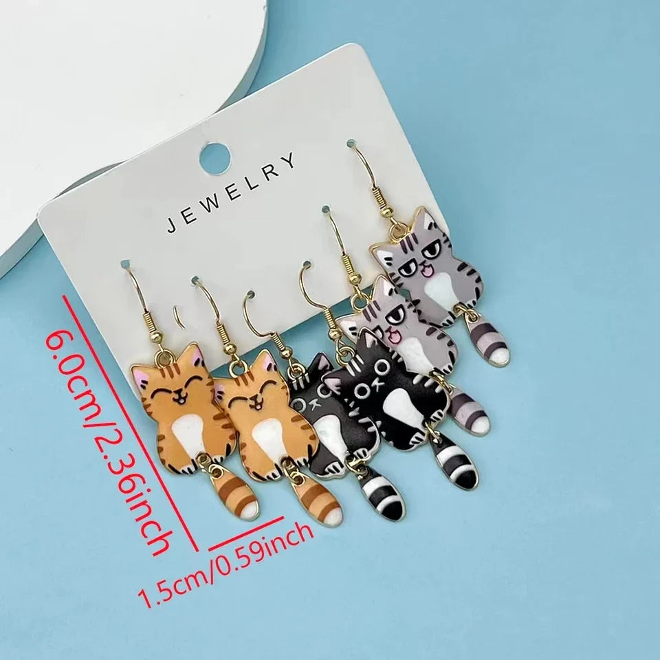 3 Pairs New Fun and Cute Enamel Alloy Hanging Tail Cat Dangle Earrings Colored Cat Ear Jewelry Set Lovely Gift For Women Girls Vera Lux