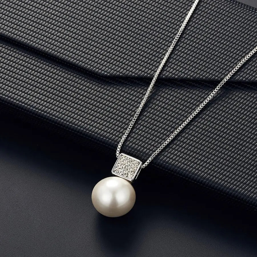 2 PCS Imitation Pearl Pendant Women Necklace Earring Stud Set Silver Color Snake Chain Square Metal Full Crystal Jewelry Set Vera Lux