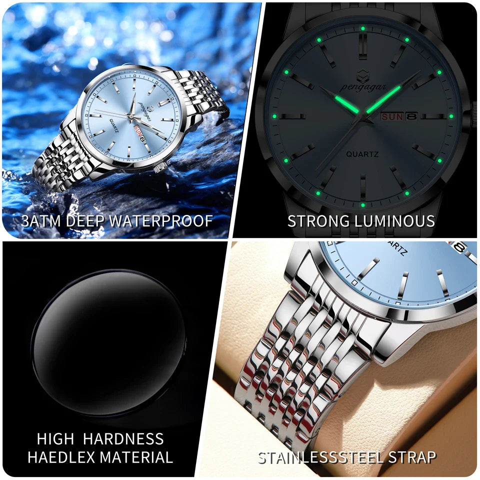 PENGAGAR Luxury Watch For Man Waterproof Luminous Date Week Stainless Steel Men Watch Casual Quartz Men's Watches Male Clock+box Vera Lux