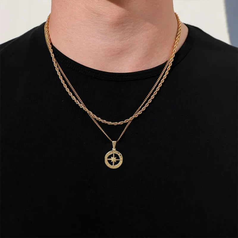 Hip Hop Men 18K Gold Plated Stainless Steel Compass Pendant North Star Charm Necklace Waterproof Jewelry For Men Gift Vera Lux