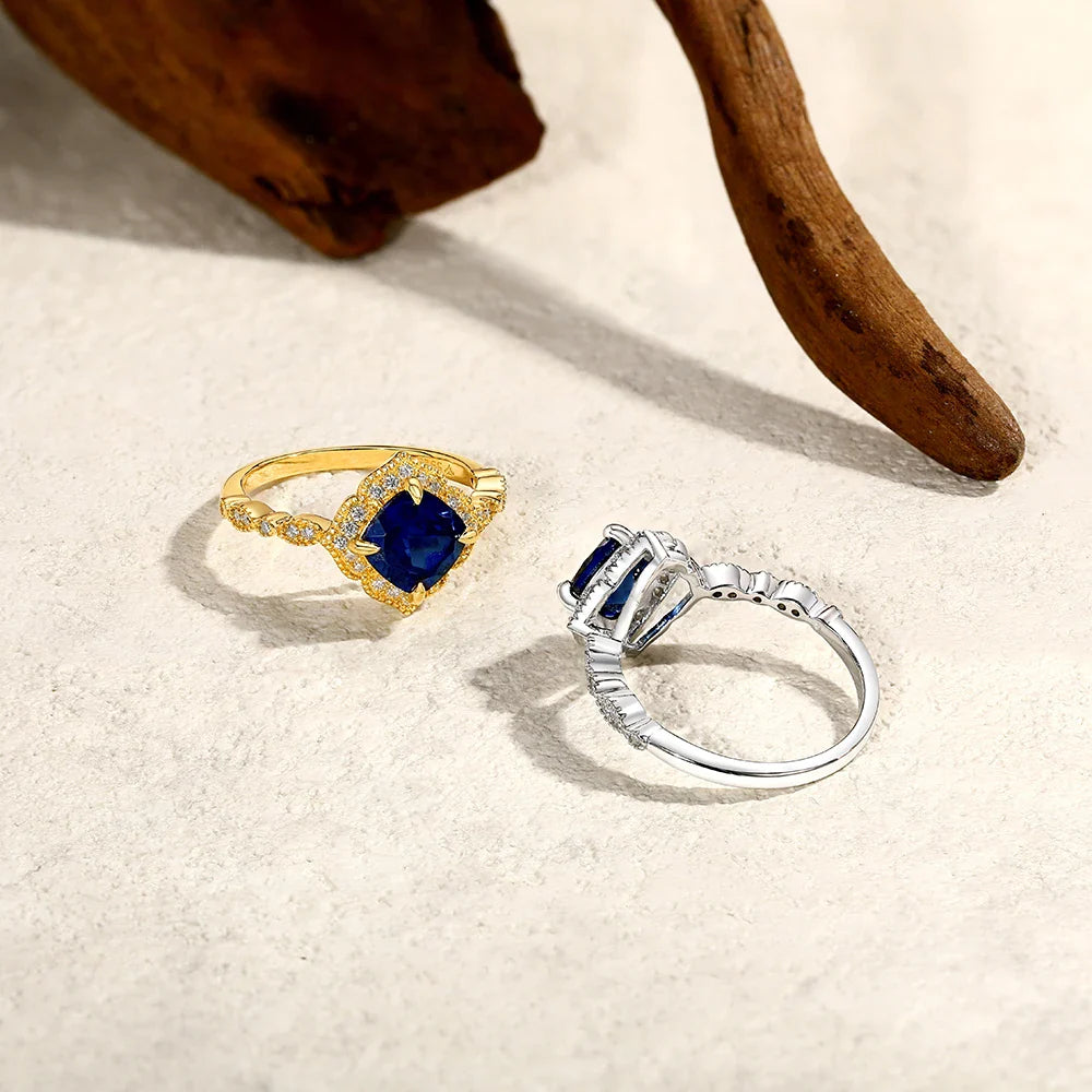 MINTYBOX S925 Silver 2.0ct Cushion Sapphire Engagement Rings for Women Lab Gemstone Halo Ring Wedding Fine Jewelry Bride's gift Vera Lux
