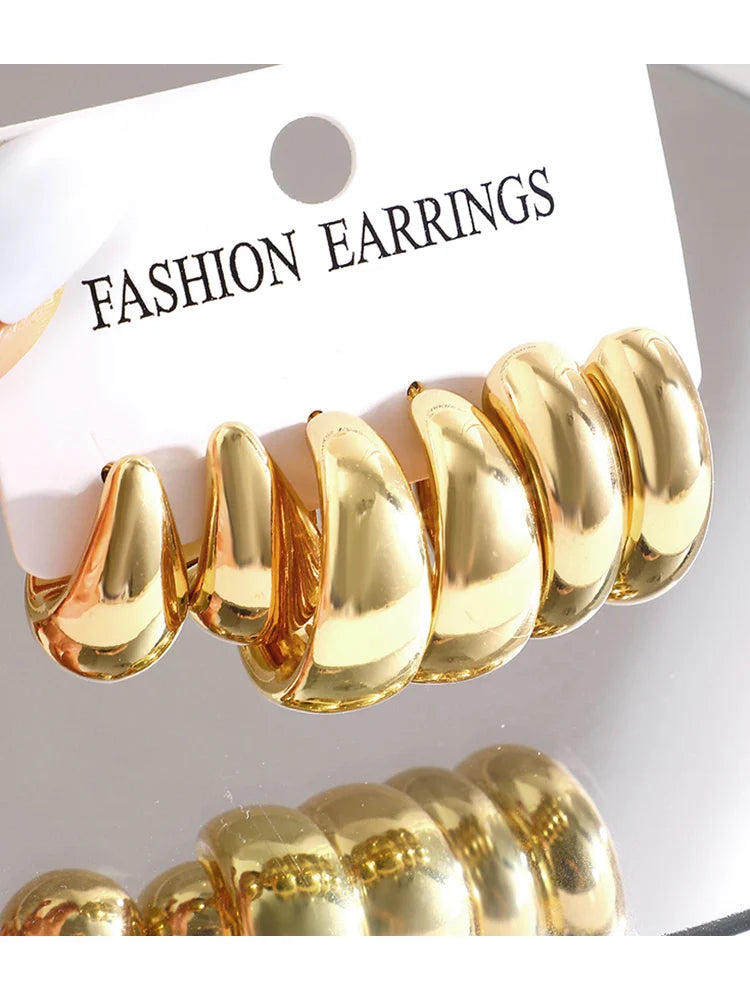 12pcs/Set Classic Fashion Twist C Shape Tear Drop Design Women's Gold-Color Earrings For Daily Workplace And Party Outfits 2024 Vera Lux