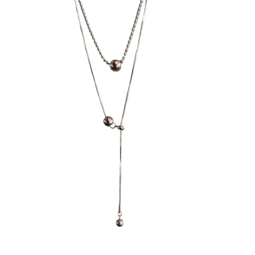 Personality Design Silver Color Stainless Steel Beaded Ball Pendant Necklace for Women Double Layer Hip Hop Rock Chokers Jewelry Vera Lux