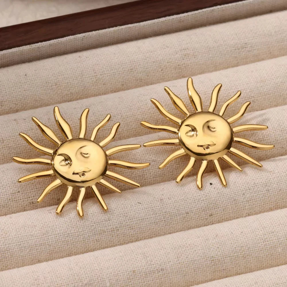 Punk Sun Face Stud Stainless Steel Earrings For Women Gold Color Star Piercing Ear Accessories Femme Gothic Jewelry Party Gift Vera Lux