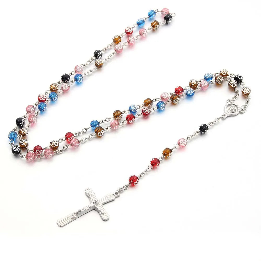 Catholic Rosary Bead Necklace For Women Gold Color Long Chain Crucifix Cross Pendant Female Religious Prayer Jewelry Vera Lux