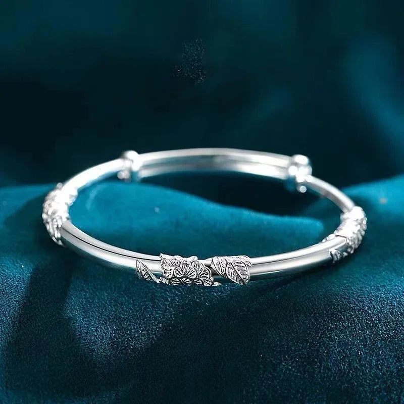 ALIZERO 925 Sterling Silver Full-blown Flowers Bangle Bracelet For Women's Delicate Open Adjustable Bracelets Fashion Jewelry Vera Lux