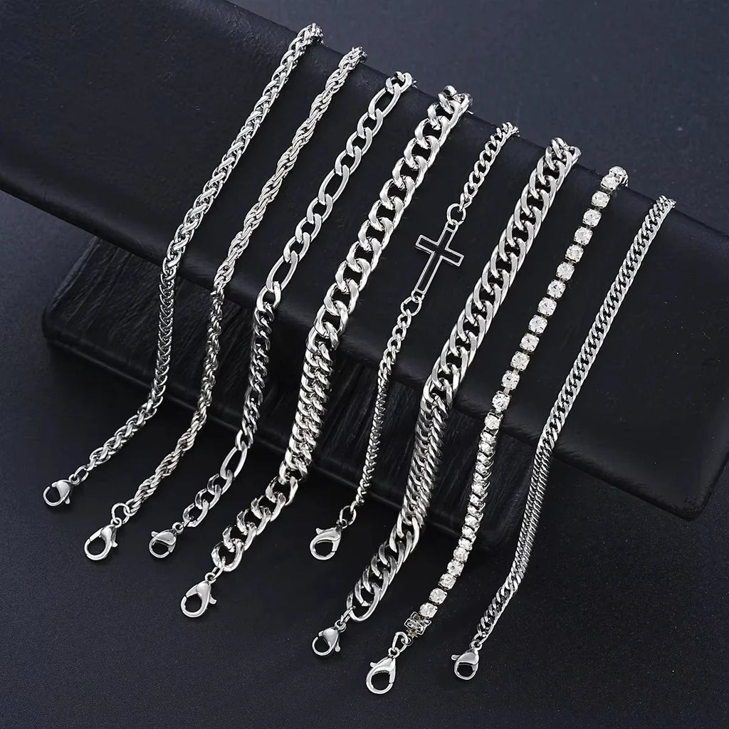 8Pcs Stainless Steel Cross Cuban Bracelets For Men Women Punk Silver Color Crystal Twist Chain Bracelet Daily Wear Fashion Vera Lux