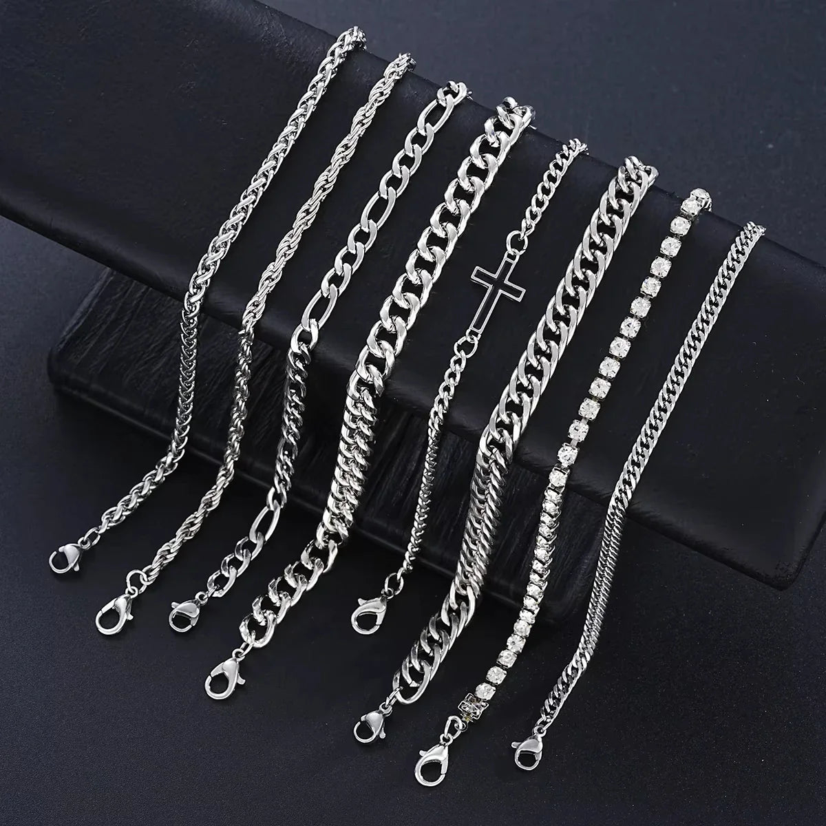 8Pcs Stainless Steel Cross Cuban Bracelets For Men Women Punk Silver Color Crystal Twist Chain Bracelet Daily Wear Fashion Vera Lux