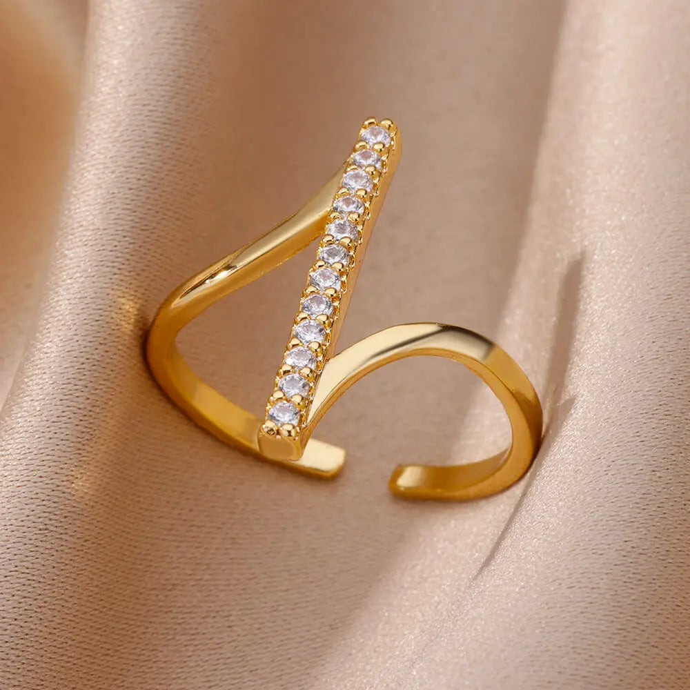 Zircon Geometric Rings For Women Gold Color Stainless Steel Opening Ring Luxury Wedding Party Aesthetic Jewerly Gift Femme 2024 Vera Lux
