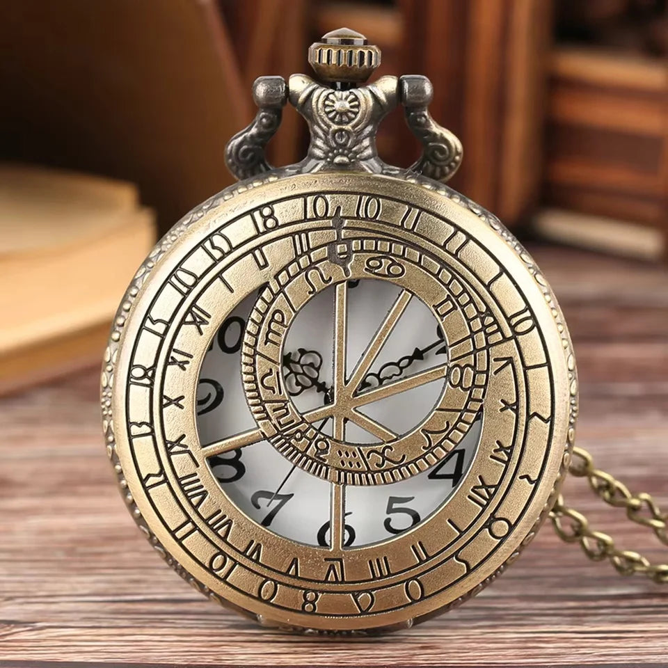 Zodiac Compass hollow out Pattern Bronze Retro Quartz Pocket Watches Men Women Necklace Watch Antique Pendant Gifts Vera Lux