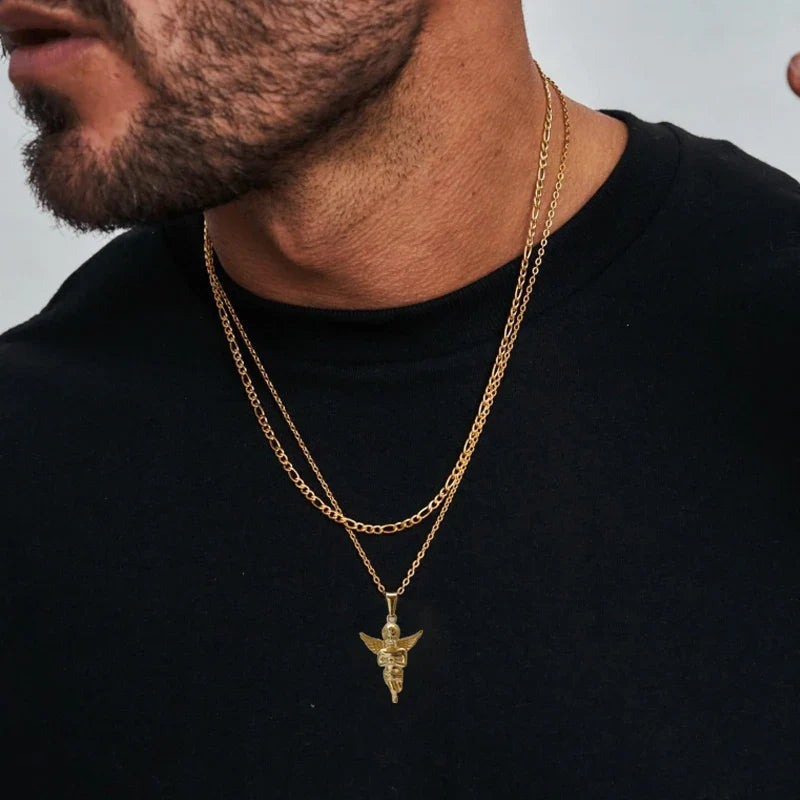 18K Gold Plated 3d Solid Angel Charm Stainless Steel Religious Cupid Angel Pendant Necklace For Men Jewelry Vera Lux