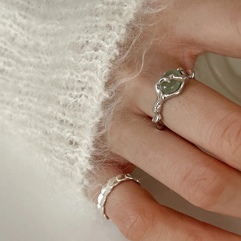 925 Sterling Silver plated Liquid Lava Hetian Jade Bamboo Ring for Women Girl Gift Irregular Vintage Jewelry Dropshipping Vera Lux