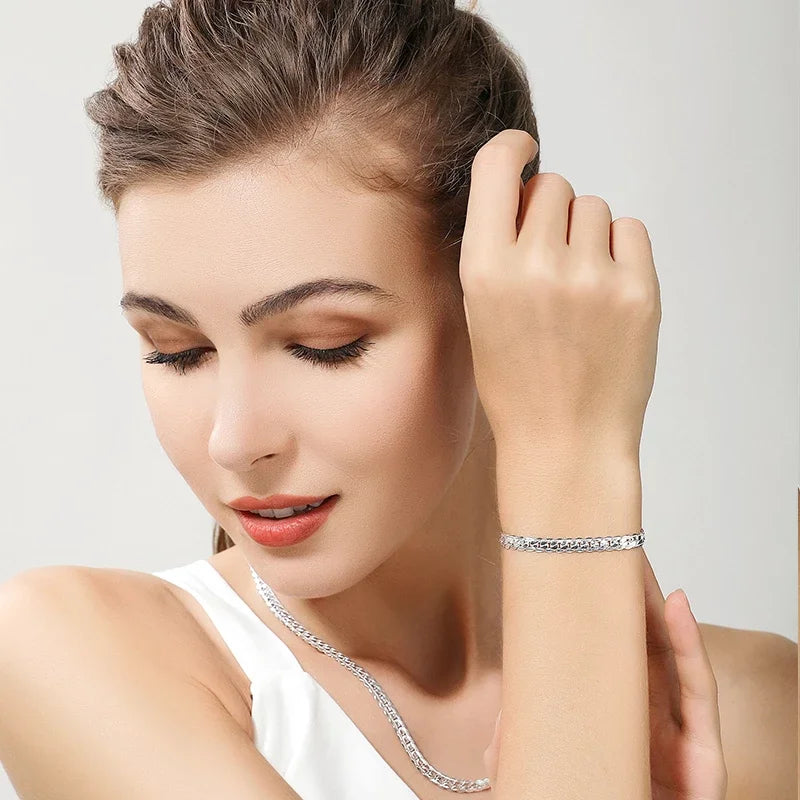 URBABY 925 Sterling Silver 2 Piece 6MM Full Sideways Chain Necklace Bracelet For Women Men Fashion Jewelry Sets Wedding Gift Vera Lux