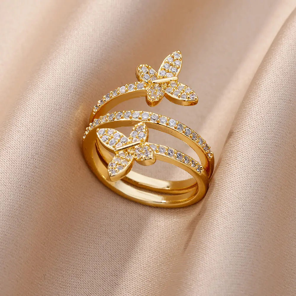Luxury Rose Flower Zircon Rings For Women Gold Color Stainless Steel Fashion Butterfly Ring 2023 Wedding Aesthetic Jewerly Gift Vera Lux
