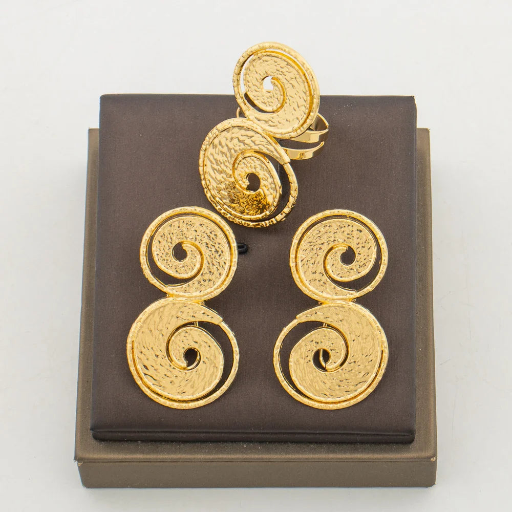 Dubai Gold Color Earrings and Ring Set for Ladies Weddings Hollow Out Clip Earrings and Finger Ring Set for Nigerian Daily Wear Vera Lux
