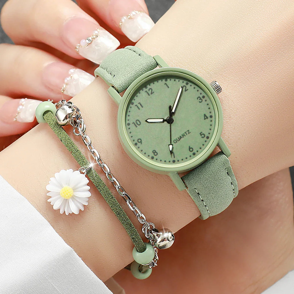2PCS/Set Fashion Women Watches Bracelet Set Simple Arabic Dial Leather Strap Quartz Watches Reloj Mujer Girls Clock Gift Vera Lux