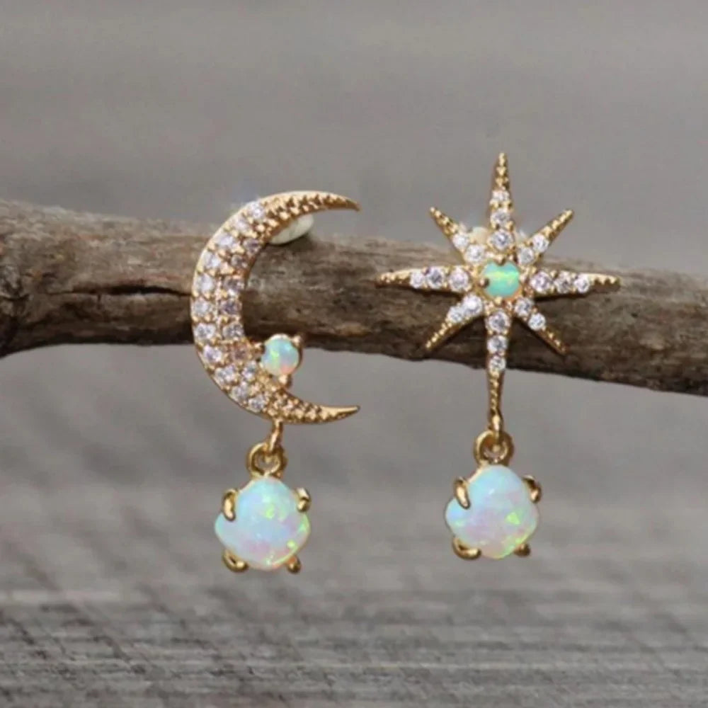 Golden Asymmetrical Zircon Moon Star Earrings for Women Retro Personalized Fashionable Versatile Accessory Gift Vera Lux