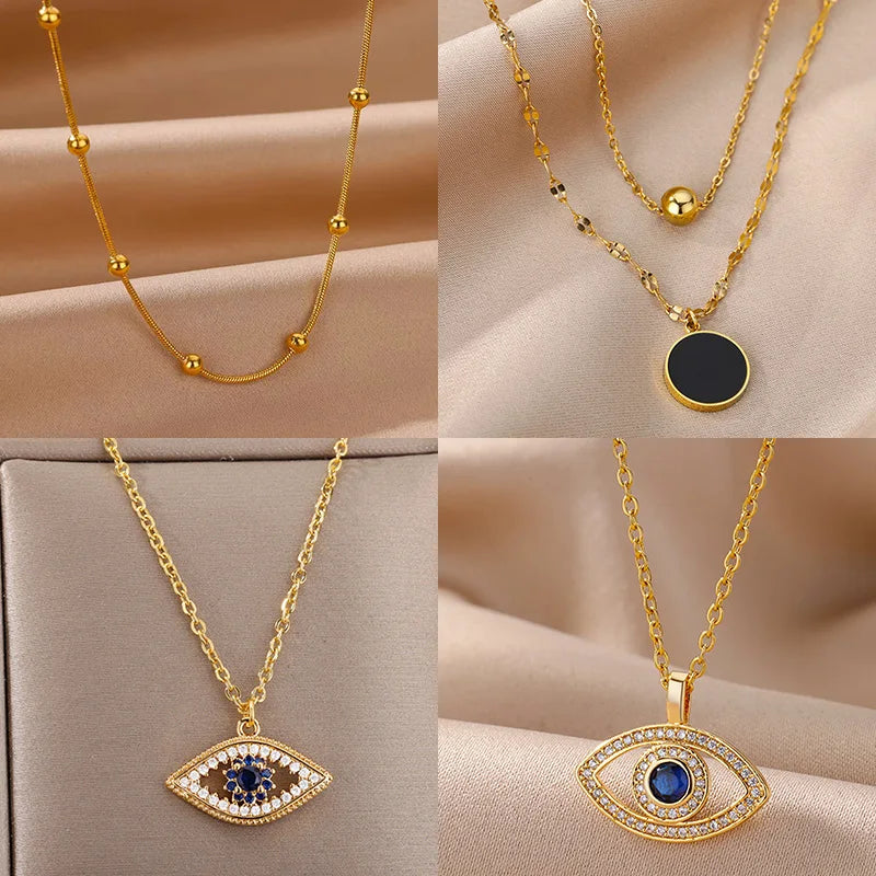 Stainless Steel Beaded Round Snake Chain Necklaces For Women Gold Color Geometric Necklace Luxury Wedding Party Jewelry Gift BFF Vera Lux