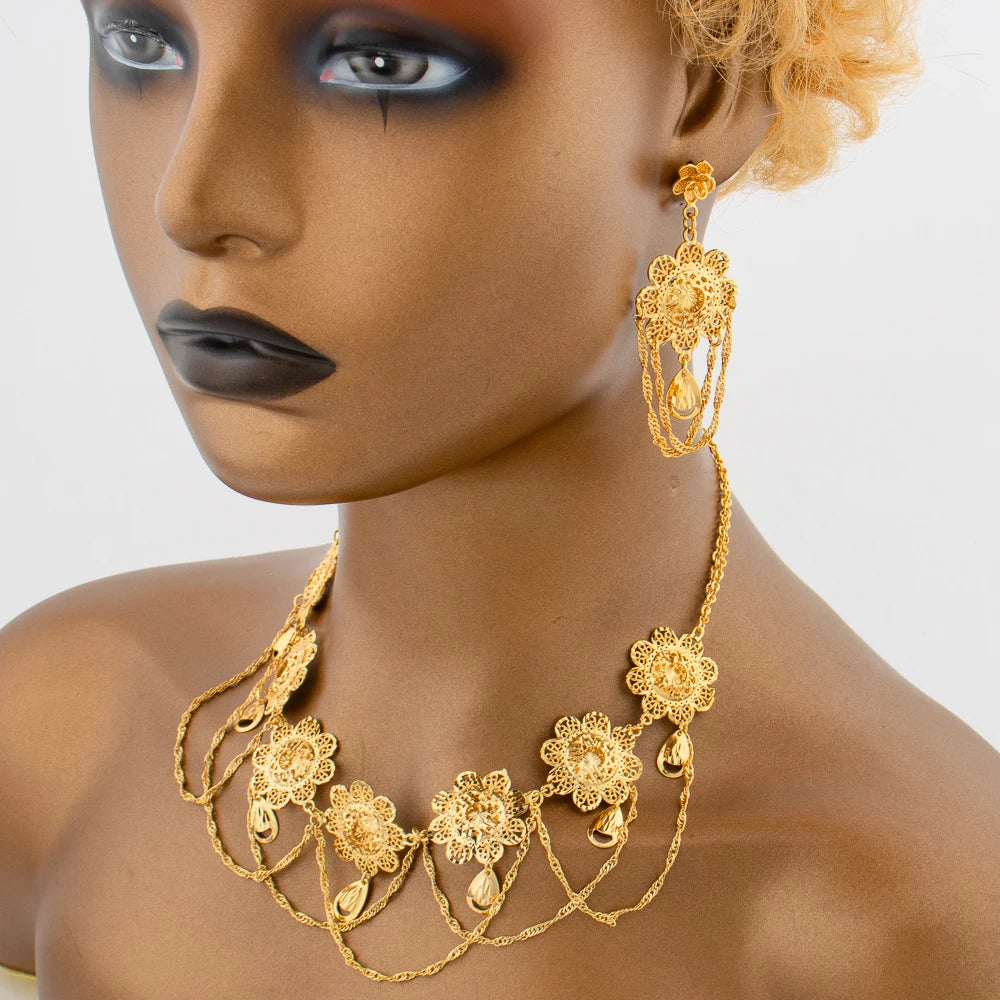 African 18k Gold Color Jewelry Set for Women Flower Design Necklace and Earrings 2Pcs Set for Weddings Party Jewelry Dubai Gift Vera Lux