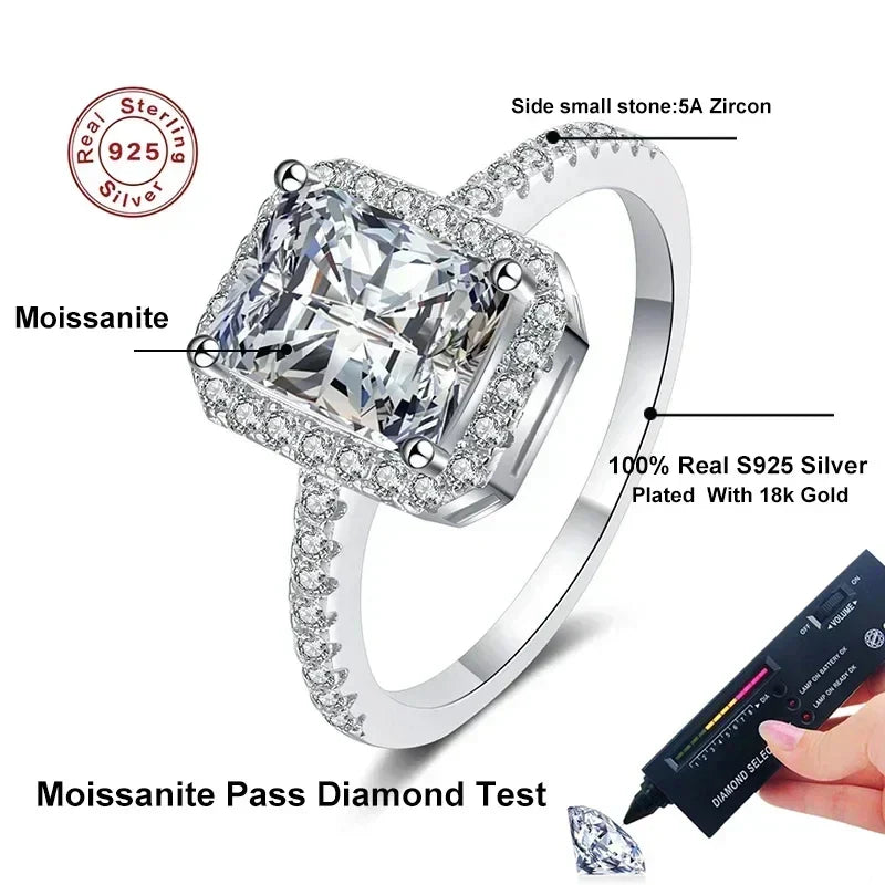 NeeTim 2 Carat Moissanite Ring for Women Emerald Radiant Cut Diamond Sterling Silver 925 with 18KGold Plated Wedding Bridal Band Vera Lux