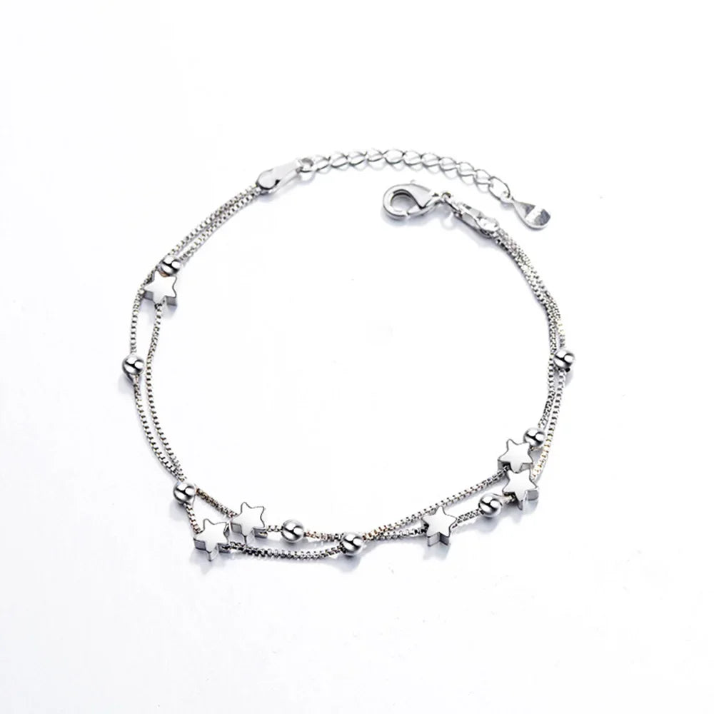 925 Stamp Silver Color Star Bracelet Fashion Korean Five-pointed Stars Crystal Double Bracelet Dropshipping Wholesale Vera Lux