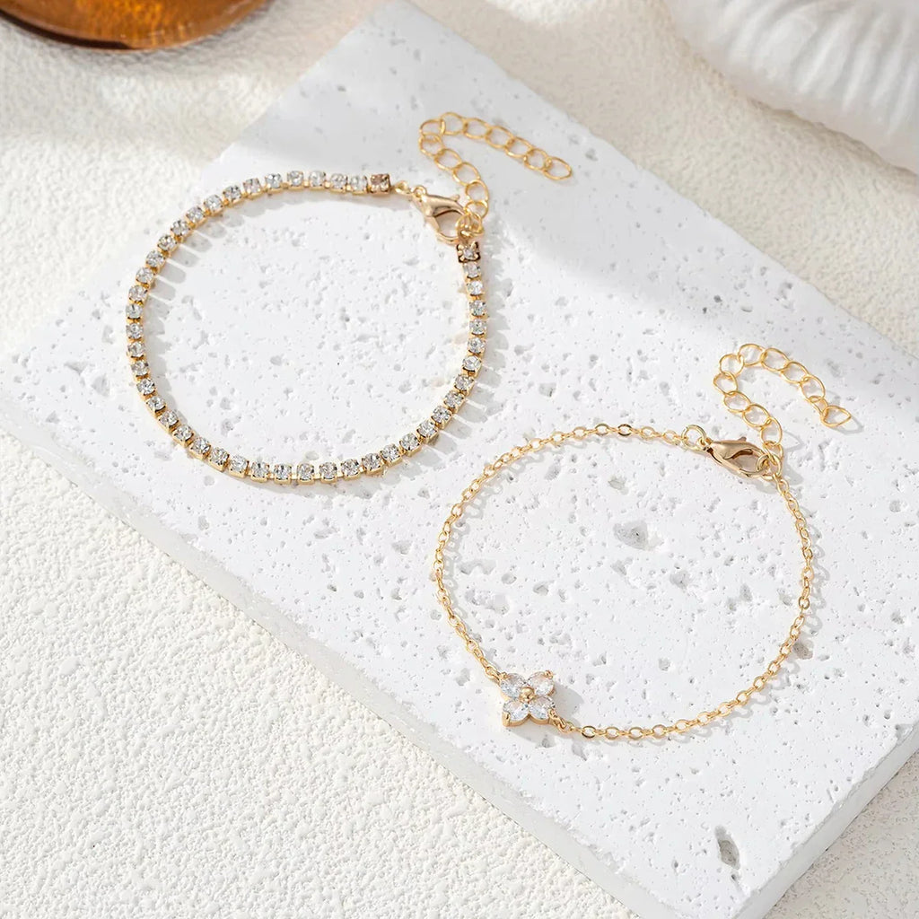 2pcs Simple Cubic Zirconia Flower Water Chain Women's Bracelet Set Daily Minimalist Silver Color Bracelet Party Fashion Jewelry Vera Lux