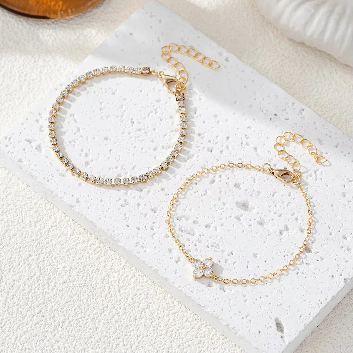 2pcs Simple Cubic Zirconia Flower Water Chain Women's Bracelet Set Daily Minimalist Silver Color Bracelet Party Fashion Jewelry Vera Lux
