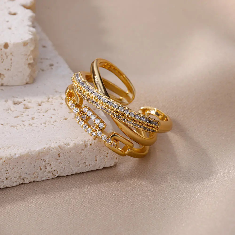 Zircon Twist Chain Open Rings For Women Stainless Steel Geometric Twist Wrapped Adjustable Ring Wedding Aesthetic Jewelry Gift Vera Lux