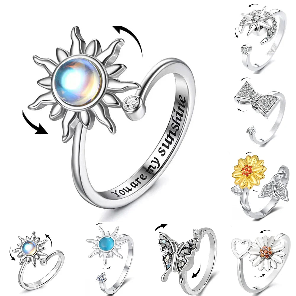 Sunflower Crystal Anxiety Relief Spinning Fidget Ring For Girls Rotate Freely Metal Copper Knuckle Ring Women'S Jewelry Gifts Vera Lux