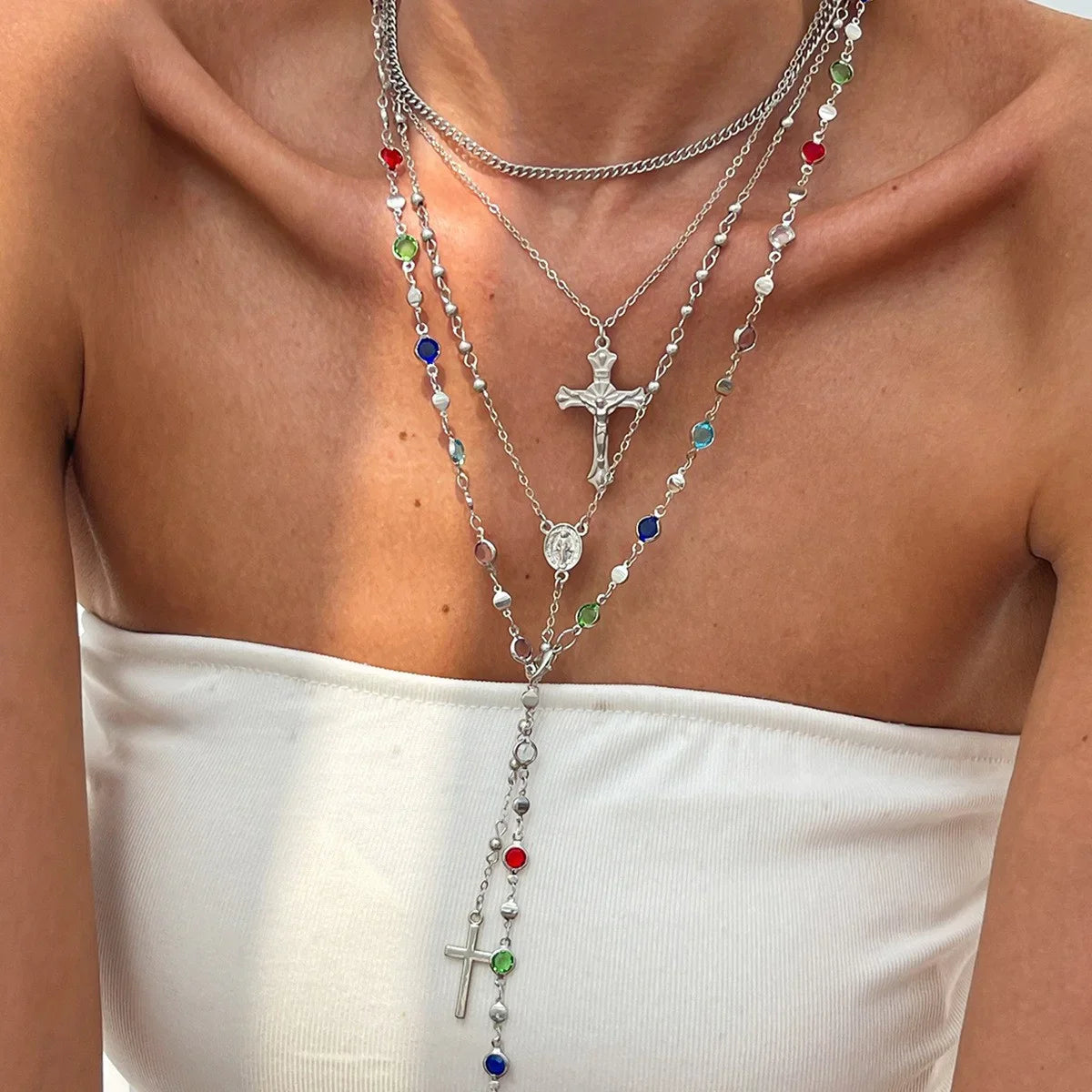 4Pcs/Set Cross Colorful Crystal Necklaces For Women Simple Gold Silver Color Y-Shaped Pendant Necklace Set New Christian Jewelry Vera Lux