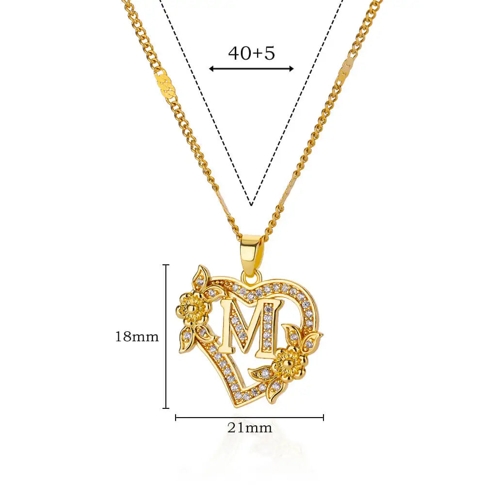 Zircon Flower Heart Initials Necklaces For Women Stainless Steel Heart Lover Gold Color Letter Chain Collar Necklace Jewelry Vera Lux