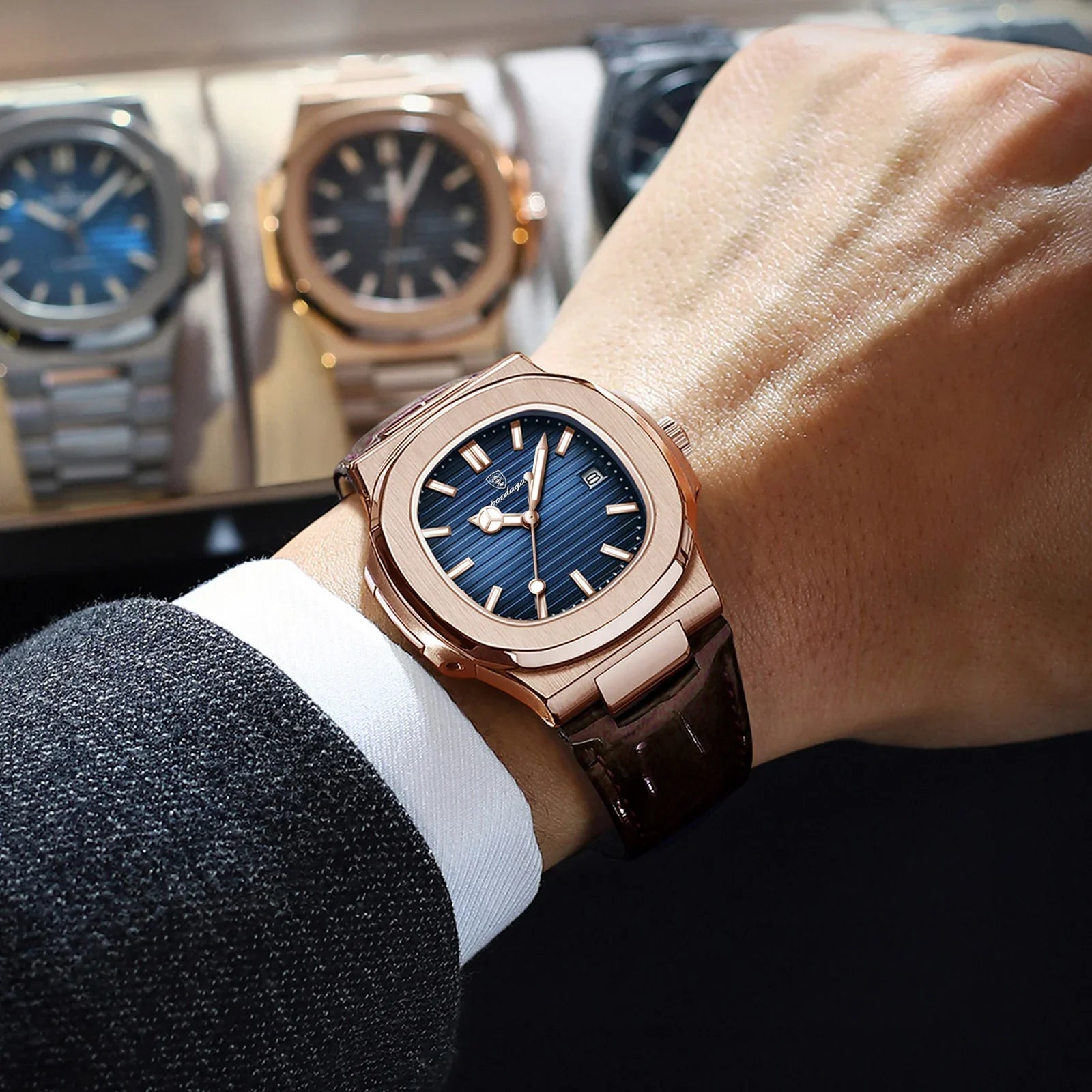 POEDAGAR Fashion Square Men's Watch Waterproof Luminous Date Business Man Wristwatch Casual Leather Quartz Watches For Men Reloj Vera Lux