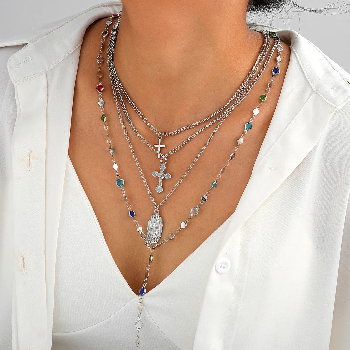 4Pcs/Set Cross Colorful Crystal Necklaces For Women Simple Gold Silver Color Y-Shaped Pendant Necklace Set New Christian Jewelry Vera Lux