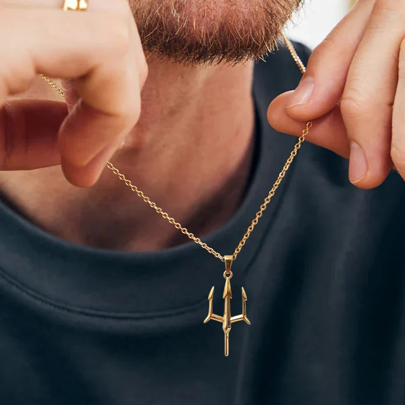 Poseidon Trident Necklace Stainless Steel 18K Gold Plated Aquaman Greek Mythology Pendant Jewelry Gift for Men Vera Lux