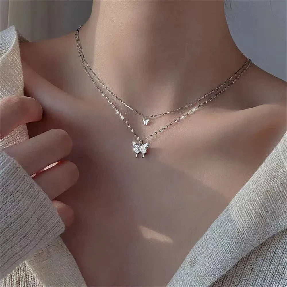 New Shiny Butterfly Necklace Ladies Exquisite Double Layer Clavicle Chain Necklace Jewelry for Ladies Gift Vera Lux