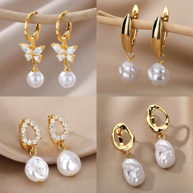 Butterfly Zircon Stainless Steel Pearl Earrings For Women Gold Plated Piercing Earring Aesthetic Luxury Jewelry Gift 2023 New Vera Lux