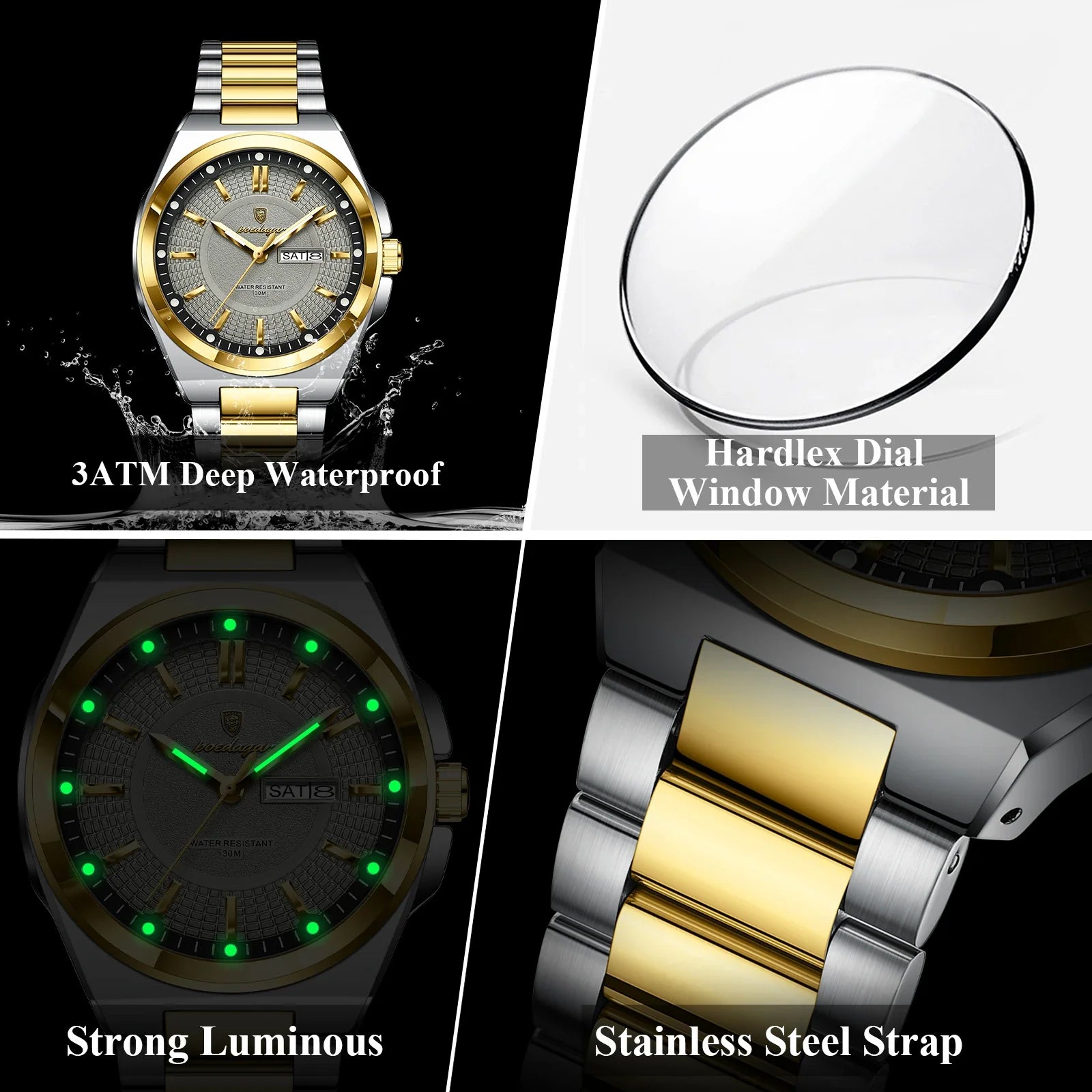 POEDAGAR Top Original Men's Watches Stainless Steel Waterproof Luminous Man Watch Date Week Classic Trendy Quartz Men Wristwatch Vera Lux