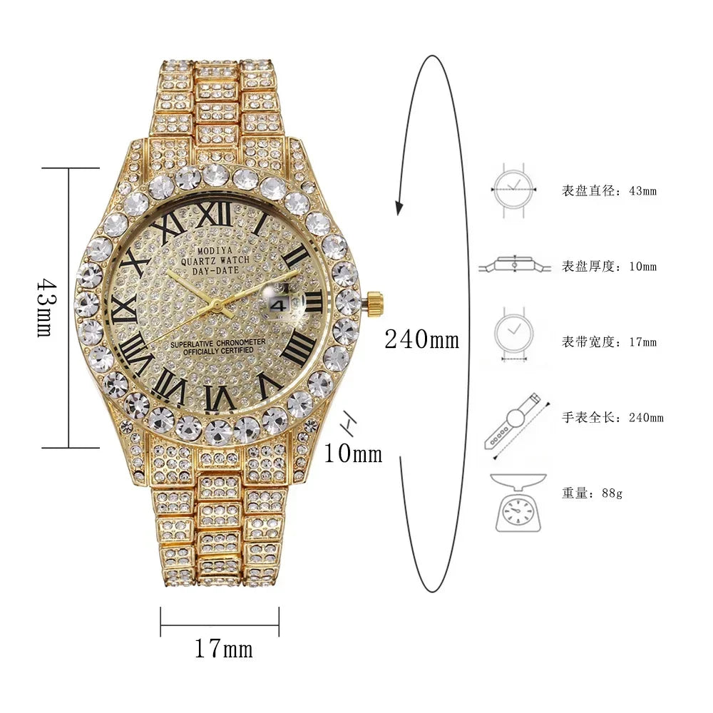 Hot Sale Diamond Bling Watch Men Gold Color Luxury Gift Quartz Watches Male Clock Dropshipping  Rhinestone Calendar Wristwatch Vera Lux