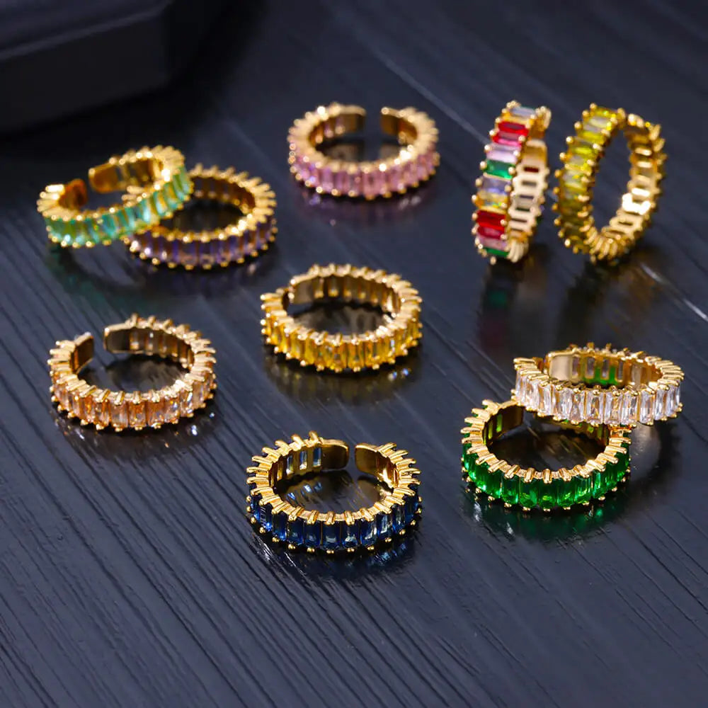 Gold Color Cubic Zircon Rings For Women Open Stainless Steel Green Luxury Crystal Finger Ring Boho Jewelry Wedding Party Gift Vera Lux