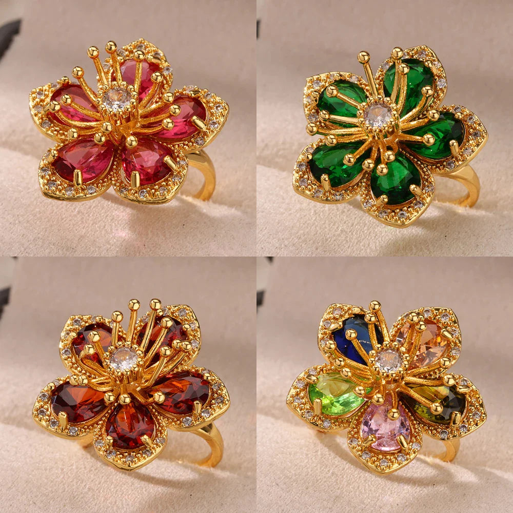 Luxury Colorful Zircon Flower Rings For Women Gold Color Stainless Steel Opening Ring Fashion Wedding Party Aesthetic Jewelry Vera Lux