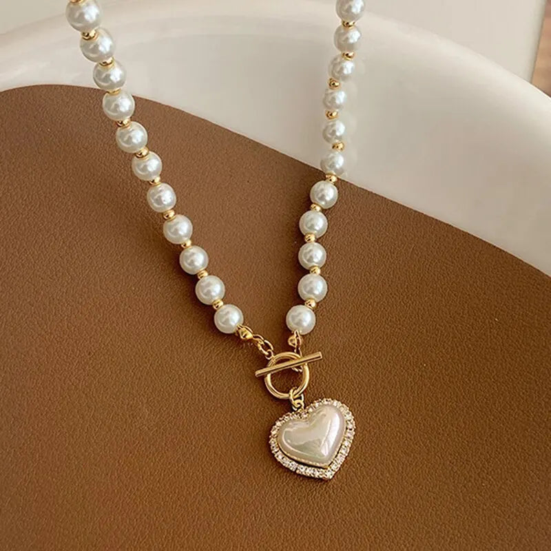 Elegant Pearl Necklace For Women Heart Pendant Necklaces Luxury Imitation Pearls Chain Necklaces Korean Jewelry Girls Gifts Vera Lux