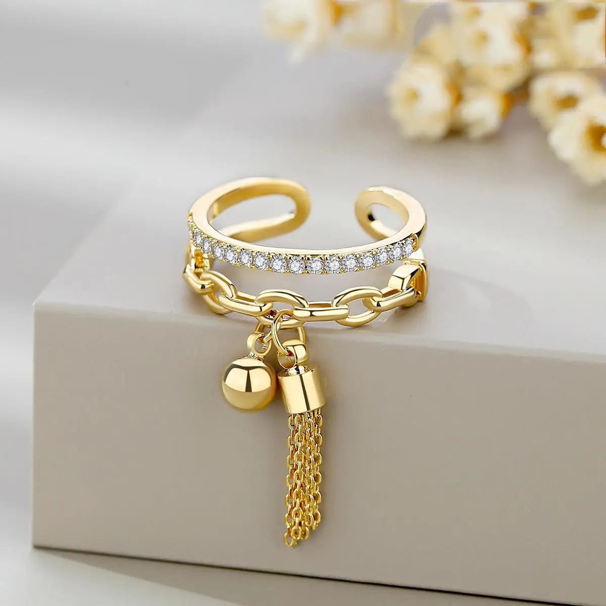 Luxury Double Layer Zircon Rings for Women Punk Metal Ball Tassel Link Chain Opening Ring 2023 New Trend Couple Wedding Jewelry Vera Lux